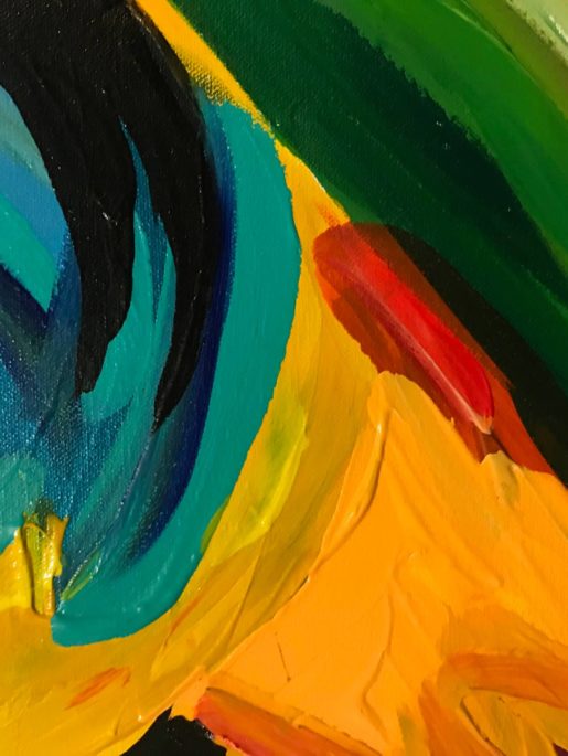 An abstract painting with yellow, red, blue and green
